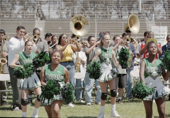 Cheer squad members wear their "Gardena Mohicans" uniforms for the last time at the April 17, 1998 rally. (Daily Breeze staff file photo)
