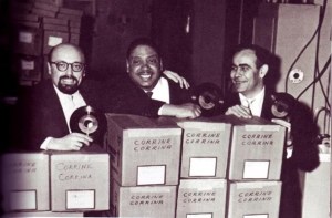 L to R: Atlantic Records President Ahmet Ertegun, Big Joe Turner and Atlantic executive Jerry Wexler celebrate the sales of Turner's 1956 hit, "Corrine, Corrina."
