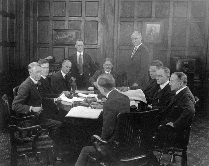 Undated photo from the 1920s shows Ezra F. Scattergood, center rear, meeting with his staff. (Credit: Historical Photo Collection of the Department of Water and Power, City of Los Angeles)