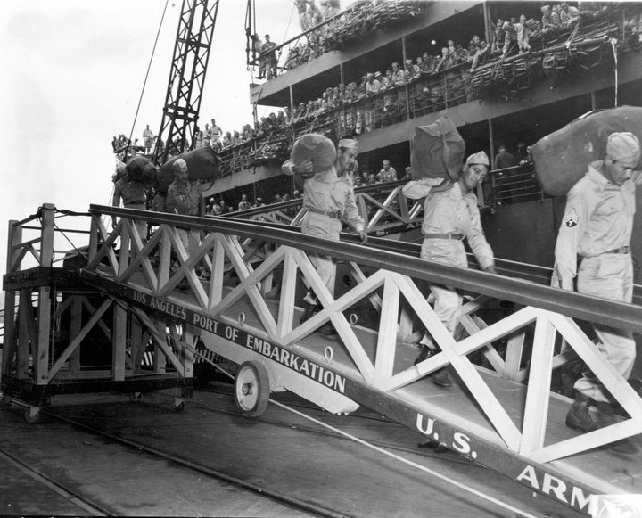 Arrival and debarkation of the 38th Division at the Los Angeles Port of Embarkation during World War II. (U.S. National Archives at Riverside)