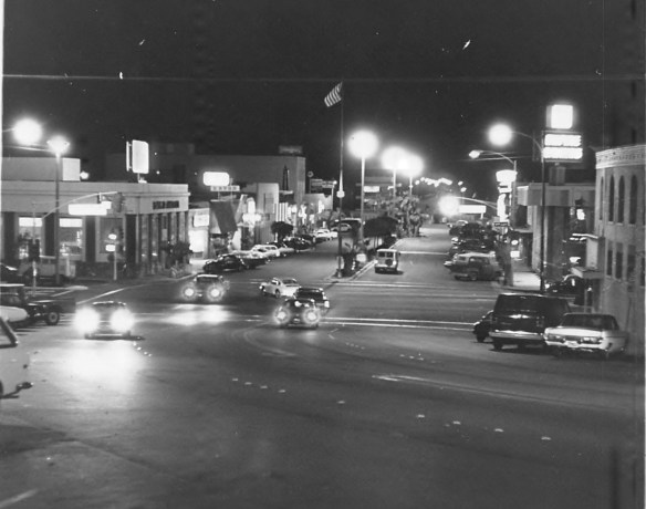 Nighttime view of lower Pier Avenue in Hermosa Beach, looking towards the pier. 1973 Daily Breeze file photo.