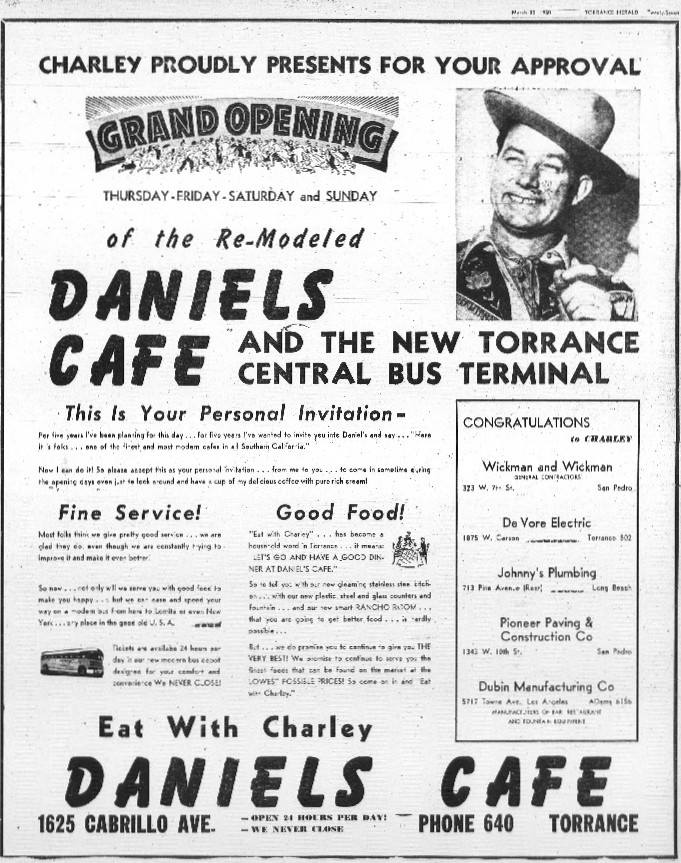 Torrance Herald ad of March 30, 1950, promoting the news Greyhound bus terminal. Click to enlarge. (Credit: Torrance Historical Archives database, Torrance Public Library)