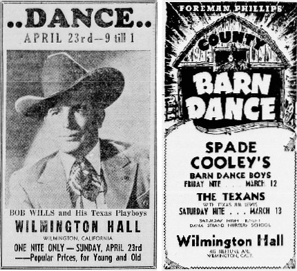 Bob Wills and Spade Cooley both appeared at the Wilmington Hall. Torrance Herald, April 20, 1943 (Wills), and March 11, 1943 (Cooley). (Credit: Torrance Historical Archives database, Torrance Public Library)