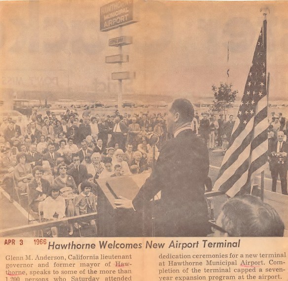Glenn Anderson speaks at the dedication for the new terminal at Hawthorne Muncipal Airport on April 2, 1966. Daily Breeze, April 3, 1966.