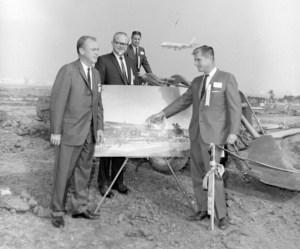 Groundbreaking for The Proud Bird restaurant near LAX, Oct. 15, 1966. Speciaty Restaurants owner David Tallichet, far right, points at an artist's rendering as, L to R, LAX manager Francis Fox, architect Kenneth Wing and Specialty VP David Perrin look on. Daily Breeze file photo by Jack Wyman.