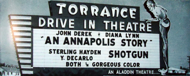 Original sign for the Torrance Drive-In Theatre indicates that it is part of the Aladdin chain. (Photo courtesy Cinema Treasures website)