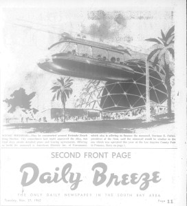 Artist's rendition of the proposed King Harbor monorail, taken from the Daily Breeze, Nov.27, 1962, Page 11.