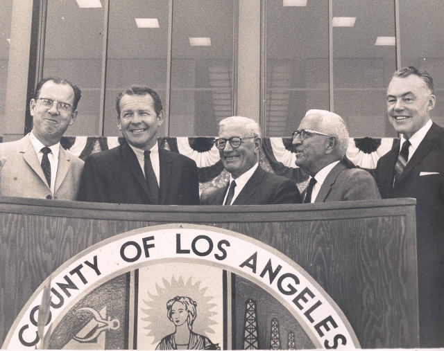 Dignitaries at the Torrance courthouse dedication include, from left to right, County Supervisor Kenneth Hahn, Calif. Lt. Gov. Robert Finch, event emcee Lloyd Nix, County Supervisor Burton Chace and Calif. Supreme Court Justice L.H. Burke. Daily Breeze file photo, June 23, 1967.