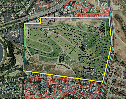 Aerial view of Green Hills Memorial Park, with Western Avenue at right and Palos Verdes Drive North at top. (Photo courtesy City of Rancho Palos Verdes)