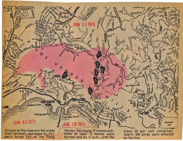 Daily Breeze map of the June 22, 1973 Rolling HIlls fire, shown in pink. Numbered arrows indicate areas of severe damage. Daily Breeze, June 23, 1973.