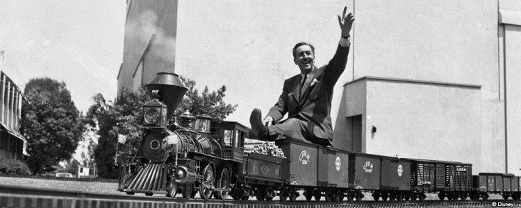 Walt Disney rides on one of his miniature steam trains in this undated publicity photo from the 1950s. (Original image courtesy Walt Disney Co.)