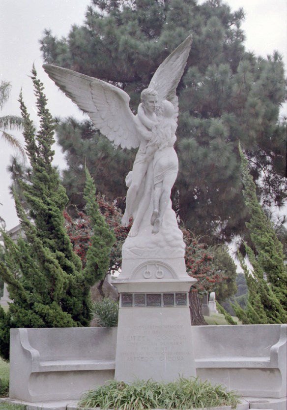 Gravesite memorial for the Flying Codonas family trapeze team members at Inglewood Park Cemetery. Note trapeze rings at base. (Sept. 1995 Daily Breeze file photo)