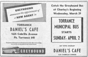 Peninsula Press ad from March 30, 1950. Torrance Herald ad of April 13, 1949, trumpets the fifth anniversary of Charley Gotts' purchase of Daniels Cafe, showing the cafe's owner and employees. Click to enlarge. (Credit: Torrance Historical Archives database, Torrance Public Library)