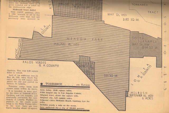 Old map of Torrance annexations shows the Meadow Park tract, with its ocean access at far left. Credit: Torrance Herald.