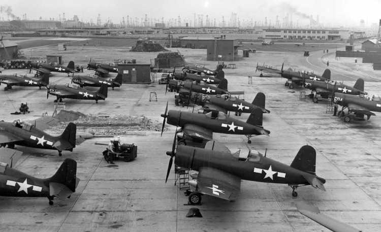 United States Navy Wildcat and Corsair fighter planes at Reeves Field in 1945. (United States Navy photo)