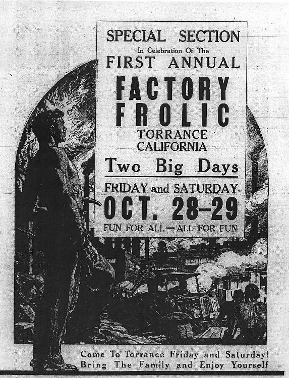 Cover of the Torrance Herald special section devoted to the upcoming first Factory Frolic in 1938. (Photo credit: Torrance Public Library's Historical Newspaper Archives database.)