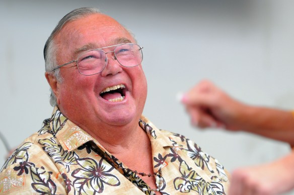 Ten athletes, coaches and a broadcaster were inducted into San Pedro's Sportswalk To The Waterfront in 2009. Inductee and former big wave surfer Greg Noll has a laugh at the start of the event. (Daily Breeze staff photo by Scott Varley)