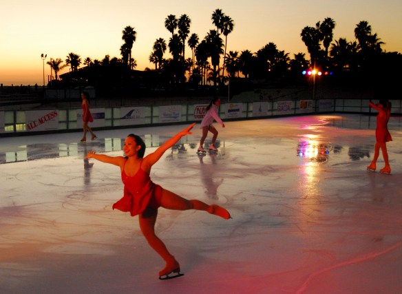 Skaters with the Los Angeles Ice Theater practice at the Seaside Ice rink within Seaside Lagoon in Redondo Beach on Nov. 18, 2008. The outdoor ice rink is the closest outdoor ice rink to the ocean ever constructed. (Daily Breeze photo by Steve McCrank, Staff Photographer)
