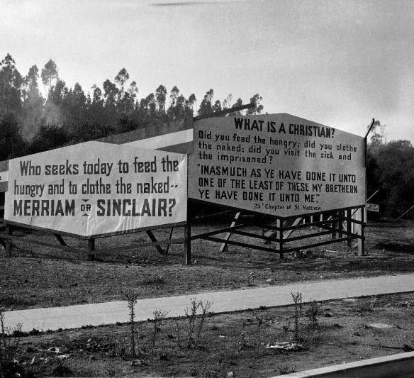The Barnsdale estate, comprising a square block in Hollywood, Calif., campaigns for the election of Upton Sinclair, a Democrat who is running for Governor of California. High signs are placed facing the street on all parts of the property. Photo show a few of the signs. (AP Photo)