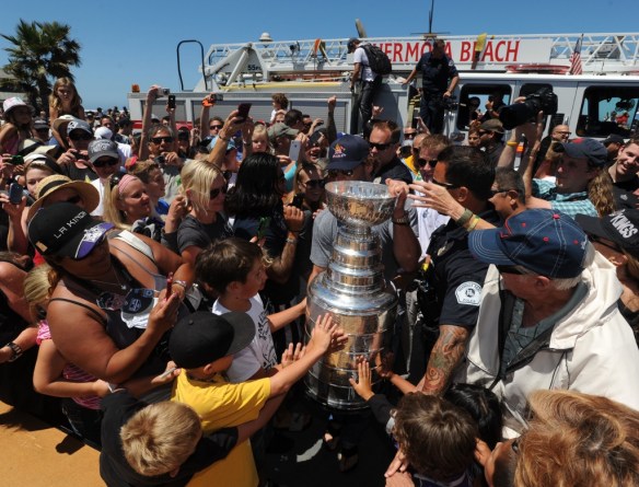 Los Angeles King Jarret Stoll, a Hermosa Beach resident, brings the Stanley Cup to Hermosa Beach Pier Plaza for a rally celebrating the NHL champs in June 2012. (Daily Breeze staff file photo)