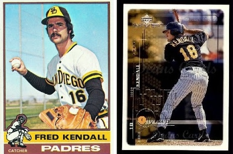 Baseball cards of father Fred Kendall, left, and his son, Jason, right.