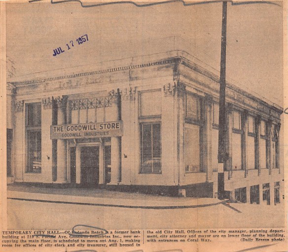 This former Bank of America building on Pacific Avenue in Redondo Beach housed the Redondo Beach City Hall offices from 1957 until January 1962. The Goodwill moved out two weeks after this photo was taken. (Daily Breeze, July 17, 1957 edition)