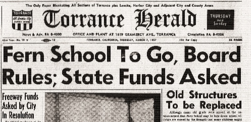 Front page headline from the Torrance Herald, March 7, 1957. (Credit: Historical Newspaper Archive, Torrance Public Library)