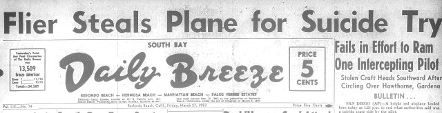 The Daily Breeze front page banner headline for March 27, 1953.