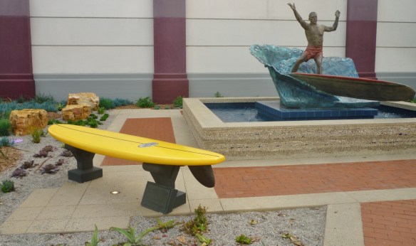 The memorial to surfing legend Dewey Weber was installed in 2015. (Jan. 2016 Daily Breeze photo)