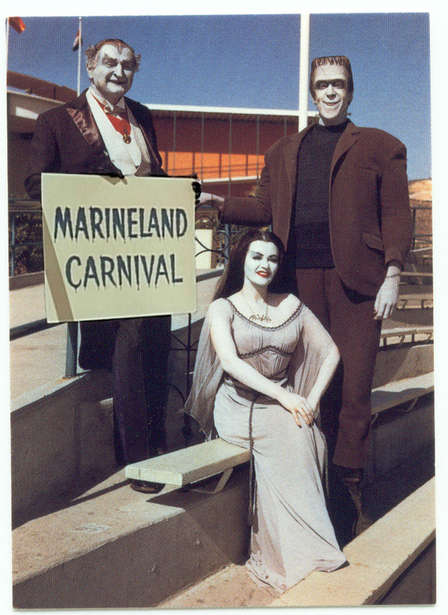 Al Lewis, Yvonne DeCarlo and Fred Gwynn pose for a publicity photo for "Marineland Carnival with The Munsters" at the park in 1965.