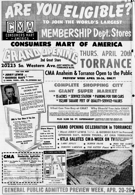 Full-page ad promotes the grand opening of Consumers Mart of America. Torrance Herald, April 13, 1961 (Credit: Torrance Historical Archives database, Torrance Public Library)