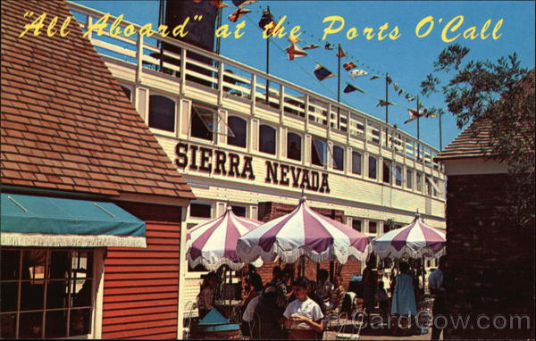 Undated postcard shows the Sierra Nevada ferry boat permanently moored at Ports O' Call.