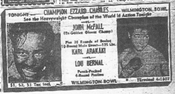 Ad for the Ezzard Charles boxing exhibition match from the Wilmington Journal of Oct. 17, 1949. (Courtesy Mike at xpres383@pacbell.net)