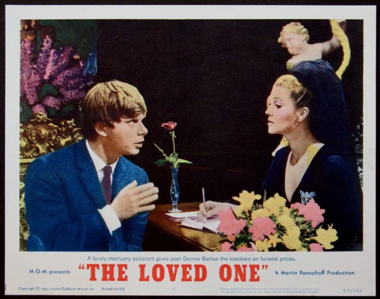 Robert Morse, left, on lobby card publicizing  the 1965 Tony Richardson film version of Evelyn Waugh's "The Loved One."