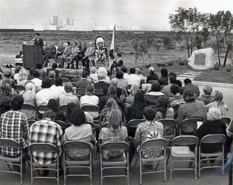 Dedication ceremony for the Suangna monument on Oct. 20, 1972. Michael Myers is speaking. Iron Eyes Cody can be seen on the far right of the speakers' platform. (Daily Breeze file photo)