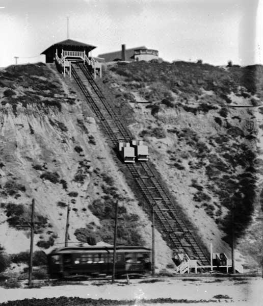 Undated photo of the incline railway from the beach to the bluffs at Playa del Rey. (Courtesy Malcolm Atwill Collection, via The Electric Railway Historical Assn. of Southern California website)
