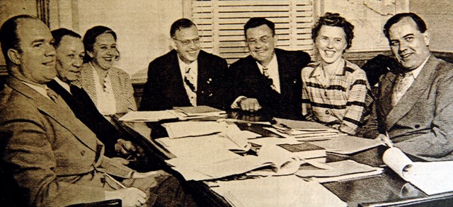 The first Torrance school board, L to R: Superintendent J.H. Hull, board members Carl Steele, Grace Wright, Dr. Howard Wood, Howard Thatcher, Evelyn Carr and assistant superintendent Emmett Ingrum.