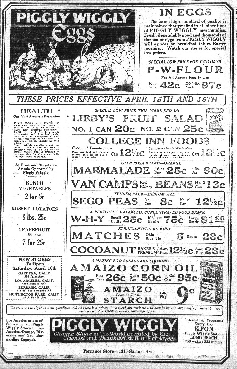 Torrance Herald Piggly Wiggly ad announces upcoming opening of Gardena story. April 14, 1927. (Photo credit: Torrance Public Library's Historical Newspaper Archives database.)