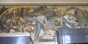 Mail carriers are hard at work in this detail from Fletcher Martin's 1938 WPA mural, "Mail Transportation," at the San Pedro Post Office. (May 2015 Daily Breeze photo)