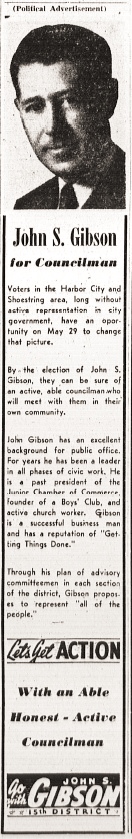 A John S. Gibson ad during his first run for Los Angeles City Council in 1951. Torrance Herald, May 24, 1951, Page 15. (Credit: Historical Newspaper Archives database, Torrance Public Library)