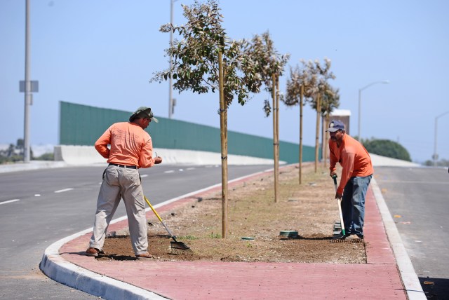 Workers finish up landscaping along the new Del Amo Avenue extension that will open to traffic Wednesday afternoon, between Crenshaw Blvd. and Maple Ave. Photo by Brad Graverson 8-21-12