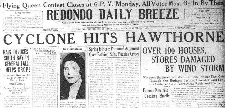The front page of the Redondo Daily Breeze for Saturday, March 15, 1930.