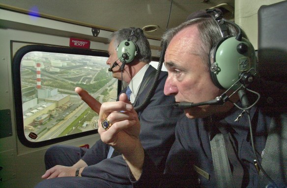 Los Angeles Mayor James Hahn, left, and Police Chief William Bratton inspect the Scattergood Power Generating Station, the striped smokestack at left, one of several Los Angeles Department of Water and Power installations, during a helicopter tour of possible terrorist targets in the Los Angeles area Thursday, March 20, 2003. (AP Photo/Reed Saxon)