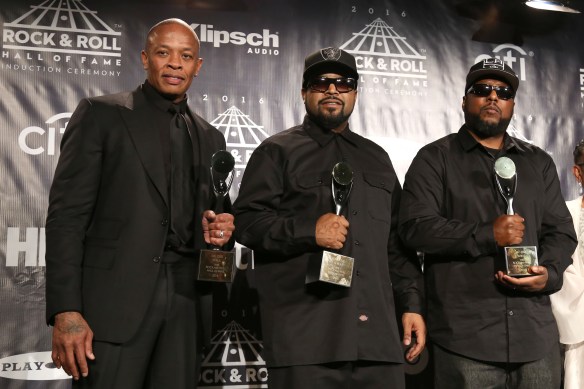Dr. Dre, from left, Ice Cube and MC Ren of N.W.A pose in the press room at the 31st Annual Rock and Roll Hall of Fame Induction Ceremony at the Barclays Center on Friday, April 8, 2016, in New York. (Photo by Greg Allen/Invision/AP)