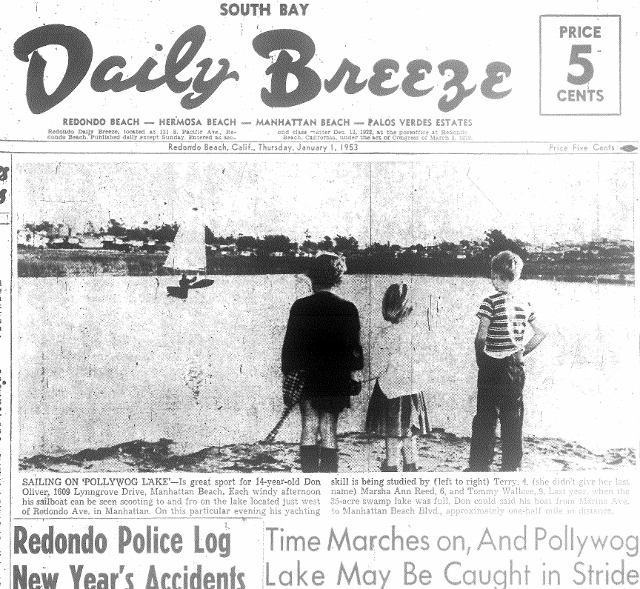 Children look out on Pollywog Pond, then in its completely undeveloped state. Daily Breeze front page, Jan. 1, 1953.