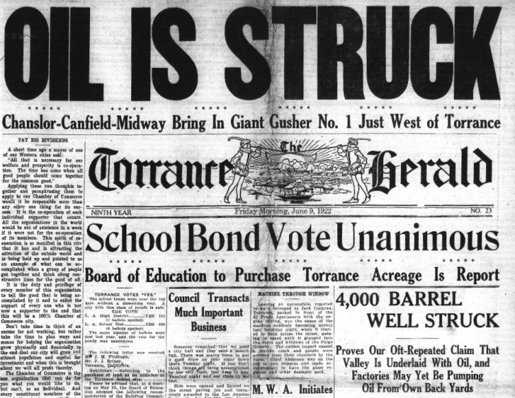 Torrance Herald front page, June 9, 1922. (Credit: Online Historical Newspaper Archive, Torrance Public Library)