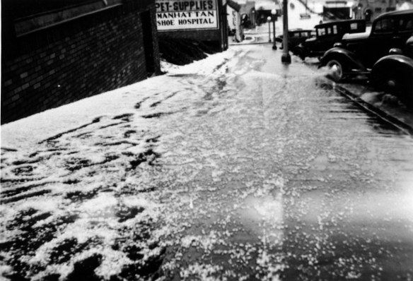 Downtown Manhattan Beach hailstorm of 1937. 100 block of Center Street (now Manhattan Beach Blvd.) looking west towards the pier. (File photo)