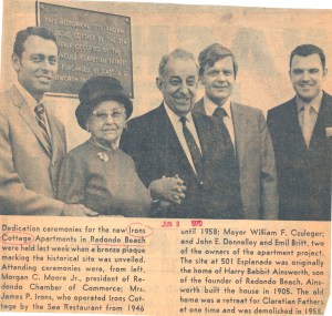 Gertrude Irons, second from left, appeared at the dedication of the new apartment complex. A plaque commemmorating Irons Cottage can be seen on the wall behind her. Daily Breeze, June 3, 1970.