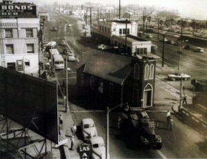 San Pedro's first church, St. Peter's Episcopal Church built in 1884, being moved to Harbor View Cemetery as a historical monument in 1956. (Photo courtesy of St. Peter's Episcopal Church)