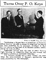 Alfred Gourdier hands the keys over to Earl Conner. Torrance Herald, Feb. 8, 1934, Page 1. (Photo: Historical Newspaper Archives, Torrance Public Library)